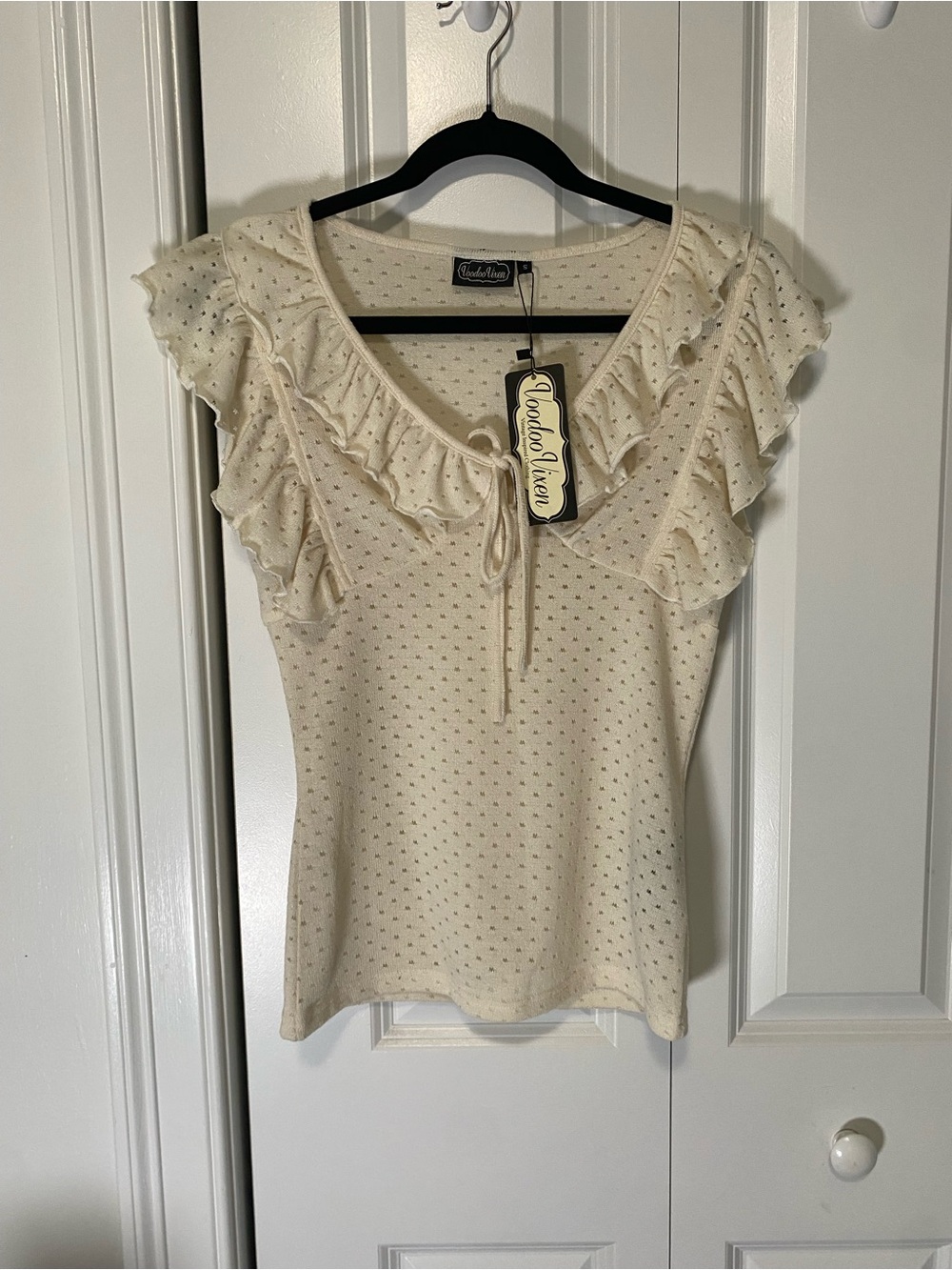 Voodoo Vixen Cream Ruffle Tie Neck Ruffled Sleeveless Top